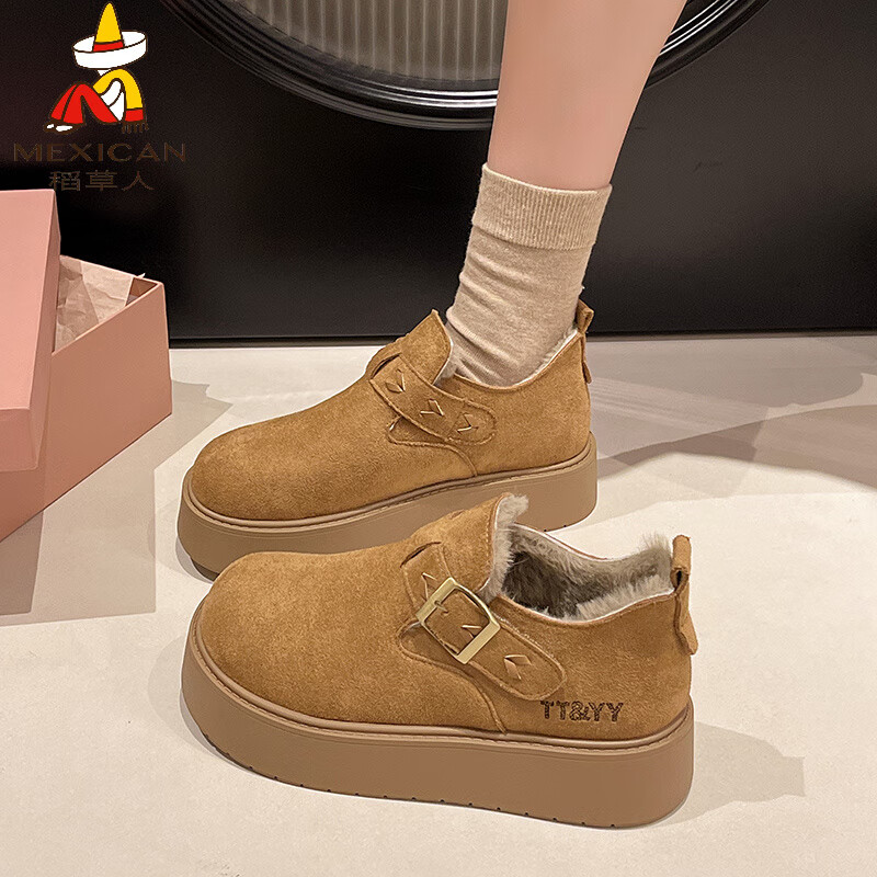 稻草人（MEXICAN）厚底勃肯鞋女2025新款冬季加绒百搭加厚保暖棉鞋休闲大头雪地靴女 驼色【大棉】 加厚 41 跟高4CM