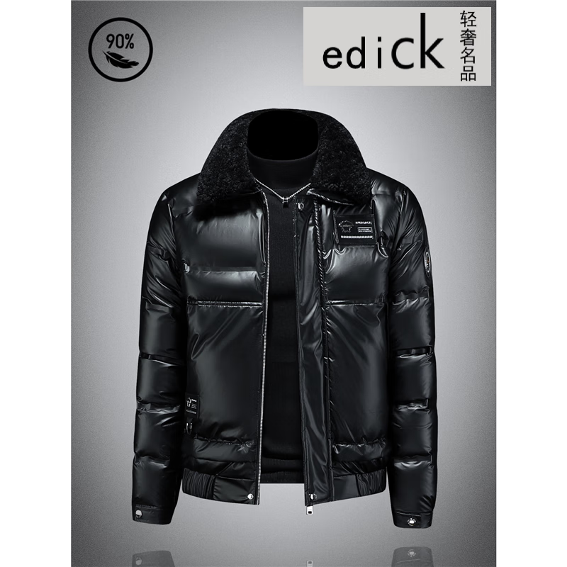 Edick意大利风品牌可拆卸毛领羽绒服男短款保暖外套冬季高级羽绒夹克服 黑色 M （100-120斤）