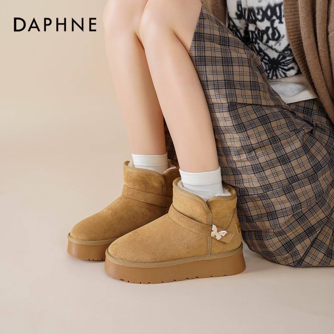达芙妮厚底雪地靴女款2025新款冬季棉靴加绒保暖棉鞋女皮带扣加厚短靴LP 驼色 加绒 （蝴蝶结款） 36
