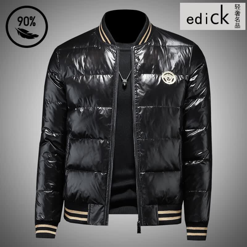 Edick意大利风品牌潮牌高端黑色羽绒服男短款白鸭绒轻暖冬季棒球领外套 黑色 M