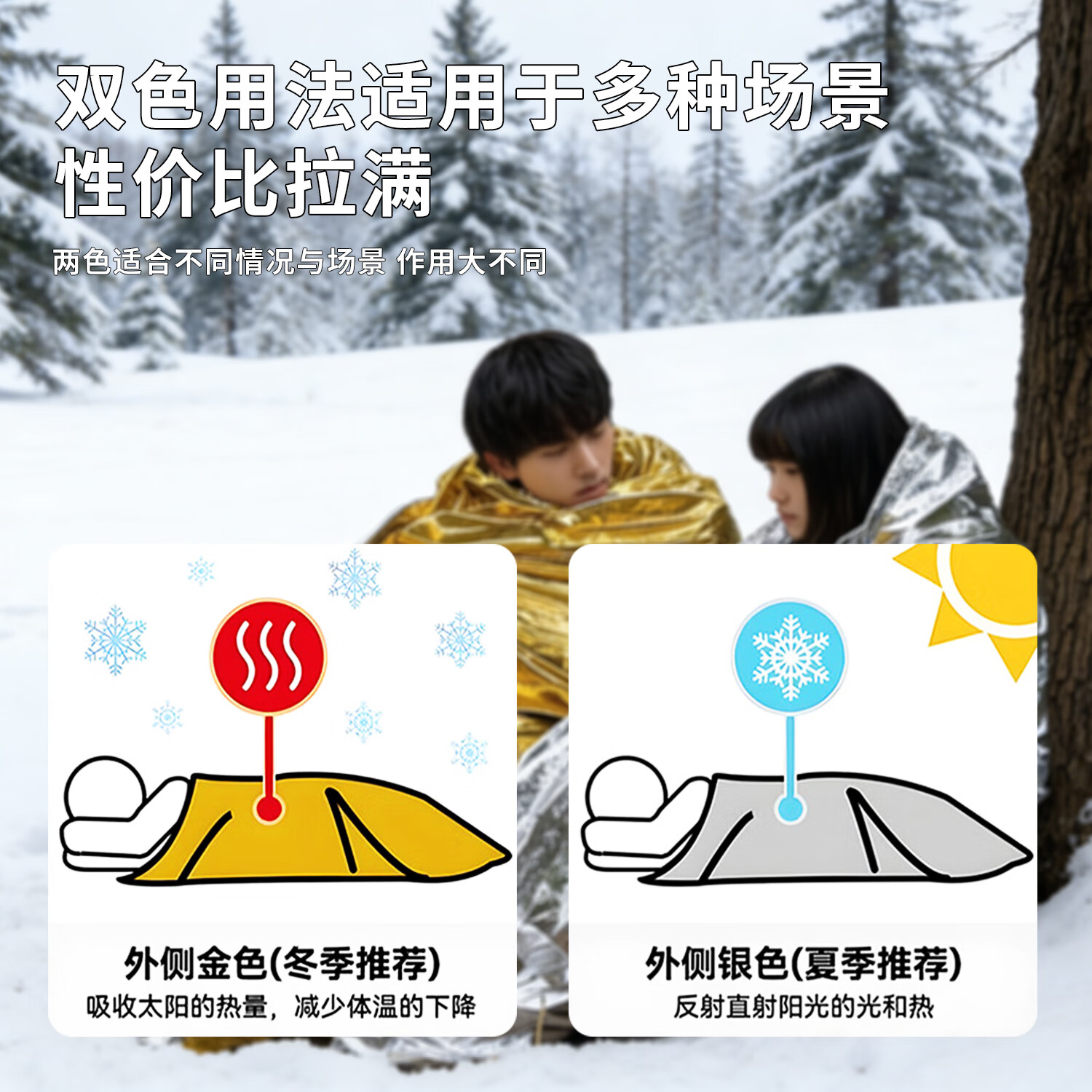 云启格户外应急求生毯保温毯急救毯防晒毯求救反光毯防寒多功能救生毯 金银双面+双面银(两件)