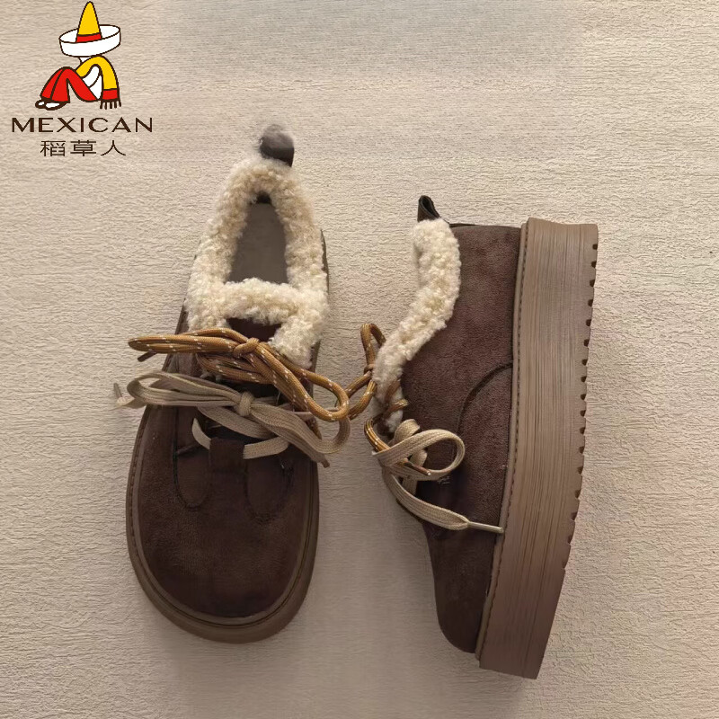稻草人（MEXICAN）厚底加绒复古美拉德勃肯鞋女2026年冬季新款百搭雪地保暖乐福棉鞋 棕色 专柜版关注店铺送运费险 35