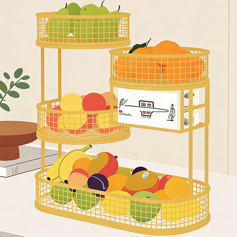 尔思家水果盘客厅家用高颜值桌面零食收纳盒洗水果沥水篮干果盒家用托盘 水果架四层大号 带纸巾盒-金