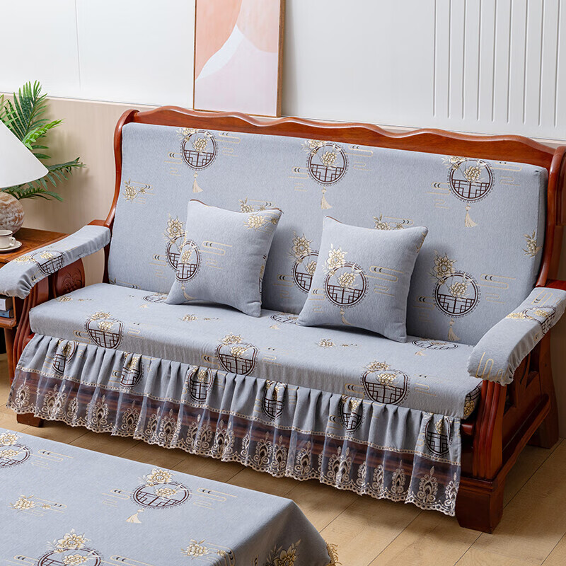 实木沙发垫带靠背裙边老式红木质加厚坐垫连体春秋联邦椅海绵垫子 铃兰花裙摆 90x150cm桌布