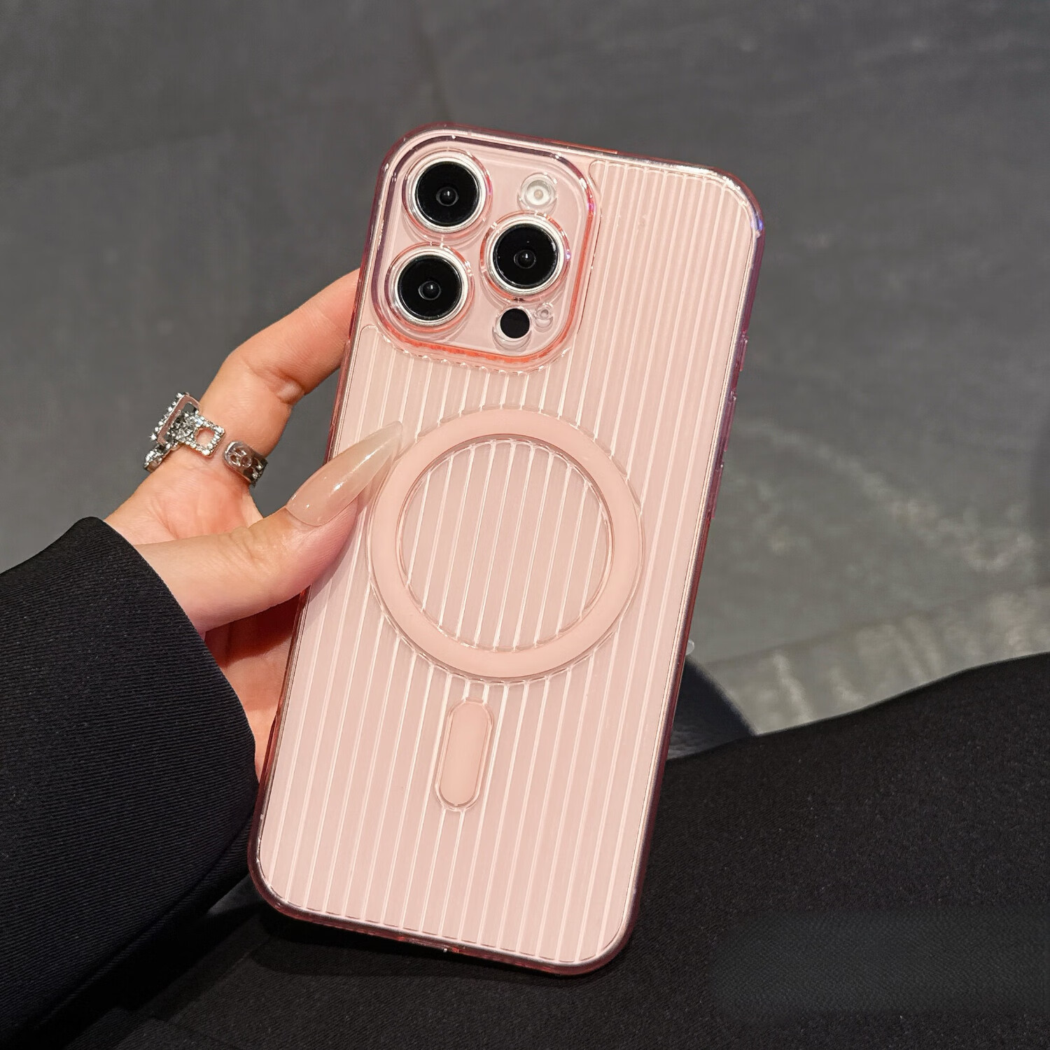 京膜盒适用苹果手机高级感磁吸光柱瓦楞纸行李箱纹保护壳半透明大孔防摔软旅游轻薄精孔直边保护套全包 粉色光柱纹磁吸 苹果16promax