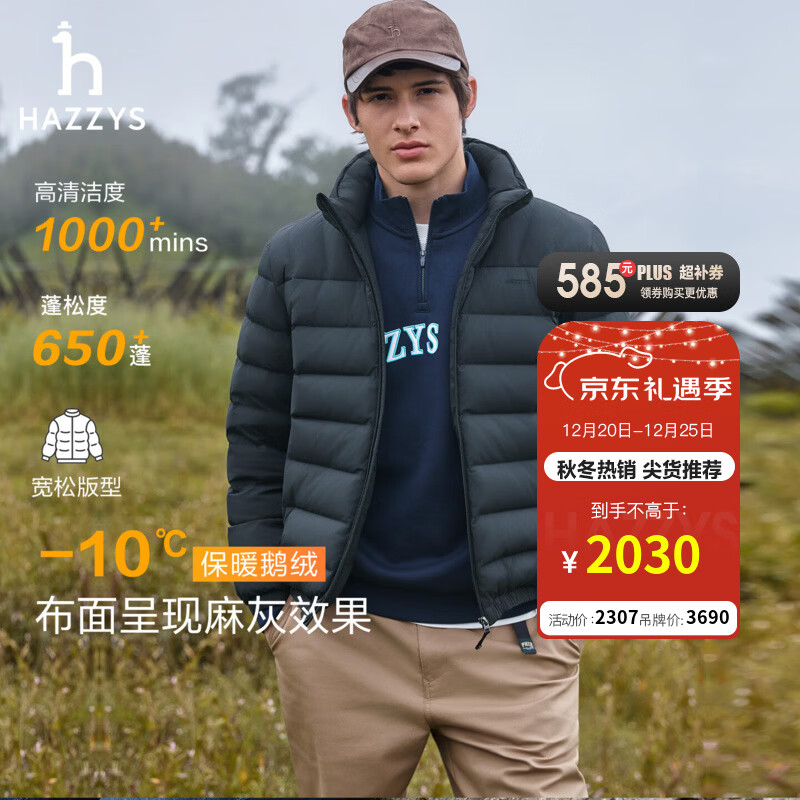 哈吉斯（HAZZYS）男装 冬款【鹅绒】羽绒服男简约休闲立领男外套ASFZU0CDX09 深灰色CC L （175/96A 48）