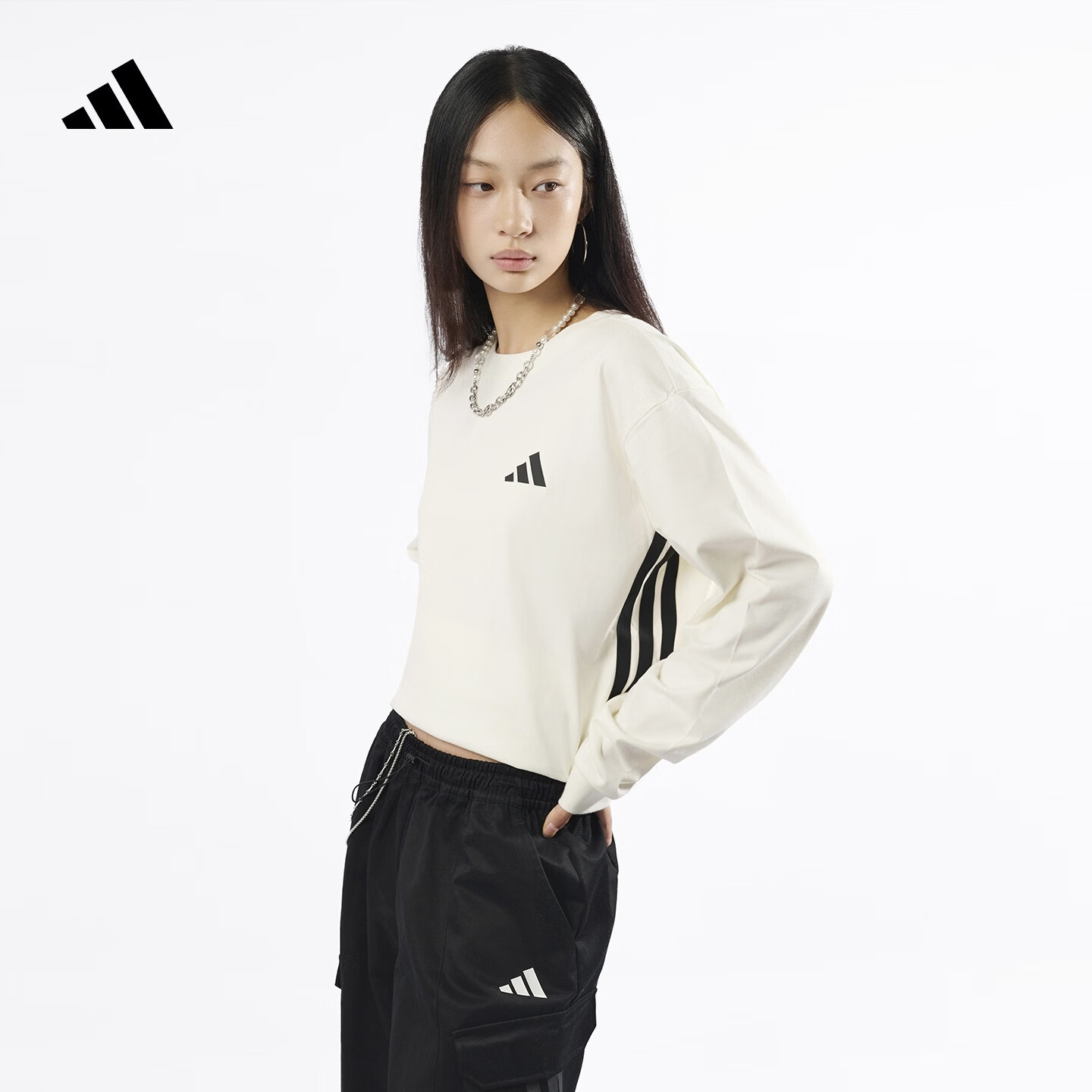 adidas三条纹休闲简约宽松长袖T恤男女秋季阿迪达斯轻运动   米白   M