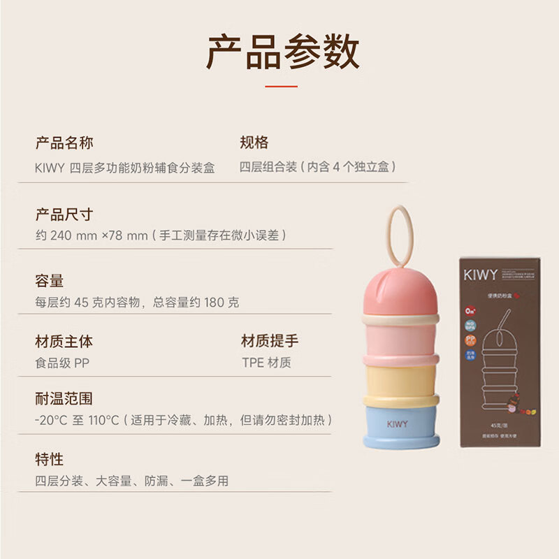 kiwy奶粉盒母婴便携式外出防潮密封盒宝宝食品级大容量奶粉辅食分装盒 独立可拆四层婴儿奶粉盒 马卡龙色