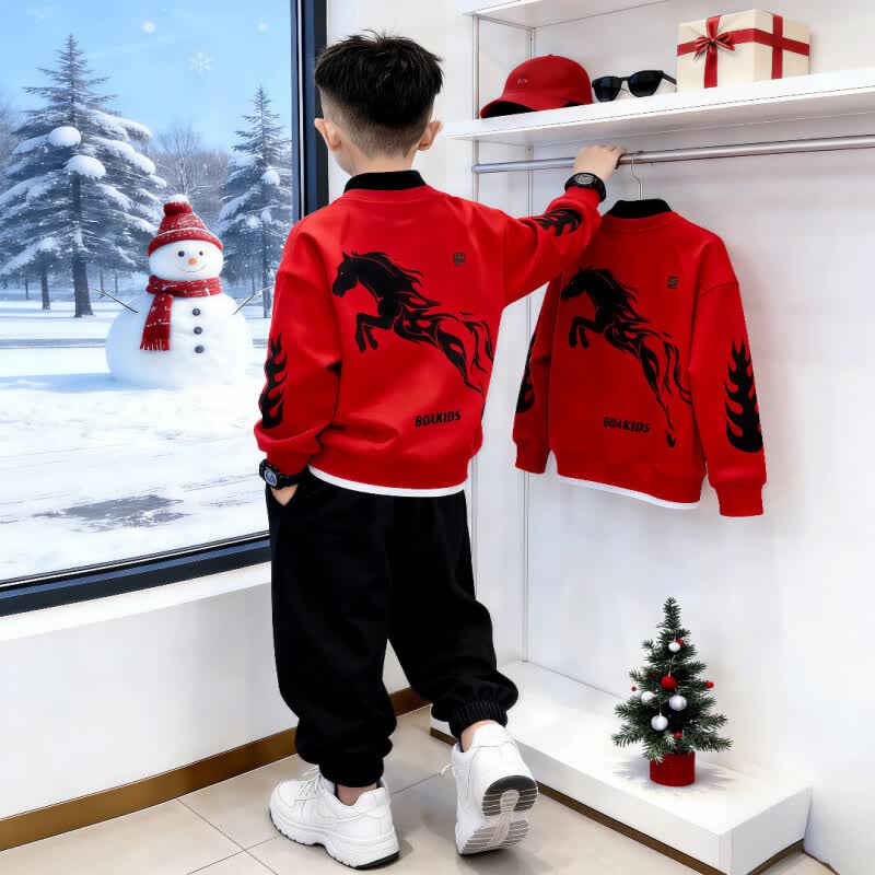 贝伊萌【马力全开】男童套装加绒男童中大童红色新年服冬休闲卫衣两件套 红色 150 (135-145CM，75-90斤)
