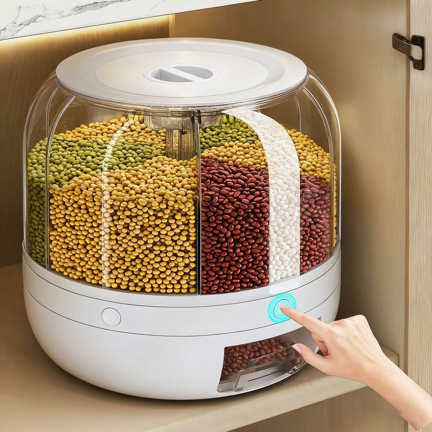 吱凡日本可旋转五谷杂粮收纳盒分格米桶家用密封防虫防潮缸食品级米箱 奶油白6格12斤【食品级材质0异味 防虫防潮】