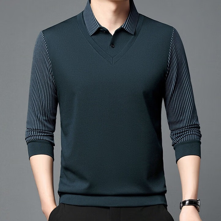 布卡澜琦秋冬季加绒假两件男士翻领长袖t恤中青年商务男装纯色条纹体恤衫 哈青（加绒） XL /115（建议135-150斤）