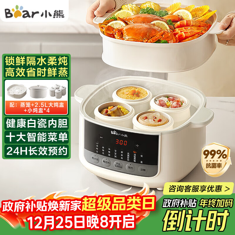 小熊（Bear）电炖盅隔水炖汤盅电炖锅燕窝炖盅煲汤炖汤陶瓷全自动家用3-4人炖蒸煮一体多功能锅4.1L DDZ-J25H5