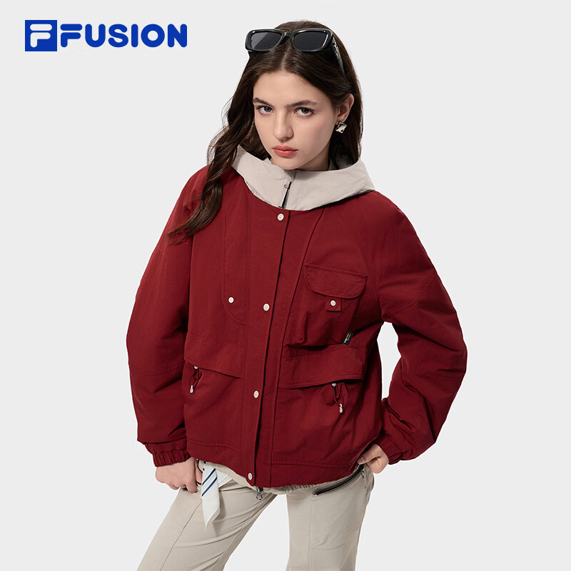 FILA FUSION斐乐官方潮牌棉服女2026春新款休闲宽松拼色外套连帽夹克