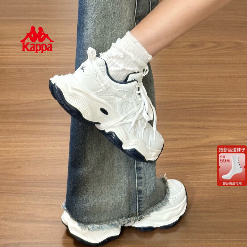 Kappa卡帕女鞋厚底老爹鞋子女2025秋冬新款透气百搭跑步鞋休闲运动鞋女 经典白/海昌蓝 38