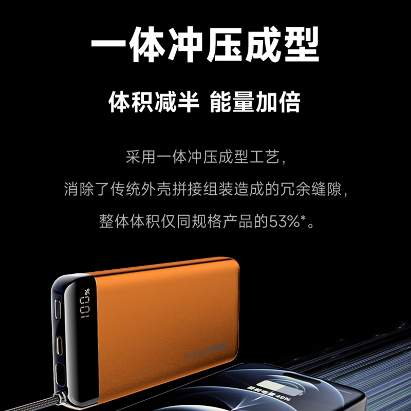 京选京东自有品牌【3C认证可上飞机】20000mAh55W快充自带线充电宝适用小米/苹果/华为橙色