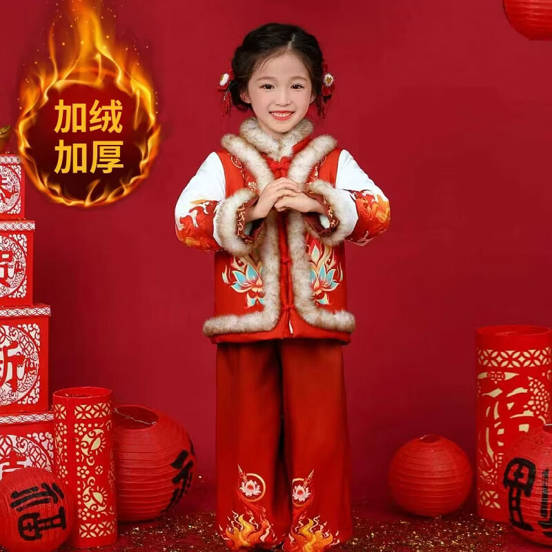 贝婴初（BEIYINGCHU）男女童拜年服2026新款加厚加绒过年衣服宝宝春节喜周岁庆礼服套装 男童拜年服（全身加绒加厚） 110 （建议身高100-110cm）