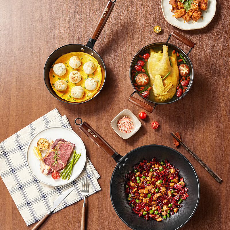 炊大皇锤纹铁锅炒菜锅家用老式熟铁锅燃气灶用无涂层炒锅免开锅 无涂层 锤纹老铁锅三件套