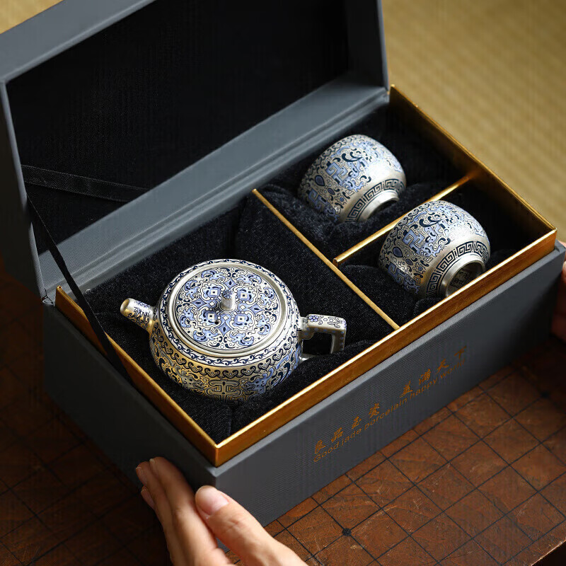 八千行金银错纯手工鎏银复古泡茶壶家用功夫茶具一壶两杯礼盒伴手礼
