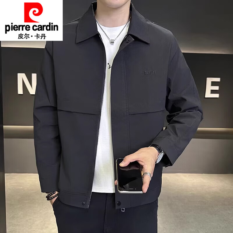 皮尔卡丹（pierre cardin）夹克男士2025春秋新款时尚翻领纯色男装工装外套上衣针织 黑色15春秋款 M 建议90-105斤