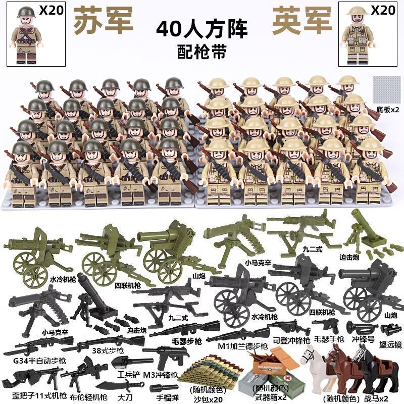 杰雅蒂兼容乐高二战积木人仔军团军事系列八路军德军人偶益智玩男孩玩具 升级版苏军+英军40人+重型武器