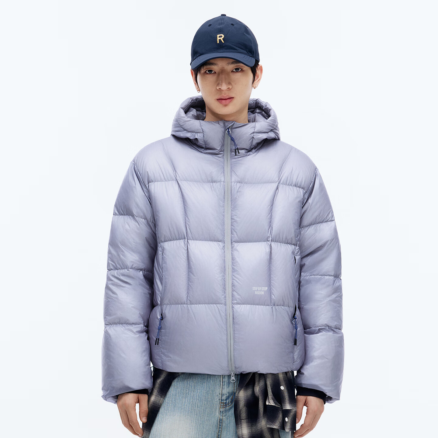 RESTICK 可溯源90白鹅绒连帽羽绒服轻户外冬季抗寒保暖自发热机能面包服 风暴灰 高光格纹 L