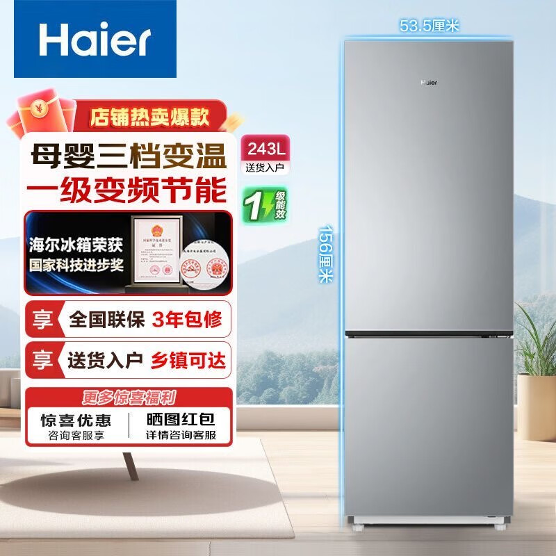 海尔（Haier）冰箱243升双开门风冷无霜1级双变频冰箱家用超薄两门家电