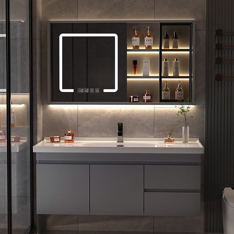 九牧（JOMOO）浴室柜陶瓷一体盆智能洗脸盆柜卫生间卫浴洗漱台轻奢洗手盆柜组合 星夜灰标准半镜款 120CM-陶瓷一体盆+赠全套五金配件