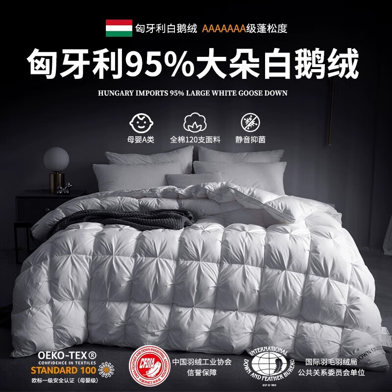 恒源祥正品匈牙利95白鹅绒被子五星级酒店羽绒被春秋被芯家用保暖冬被褥 静音120支全棉95白鹅绒    白色 180*220cm冬被/2500g