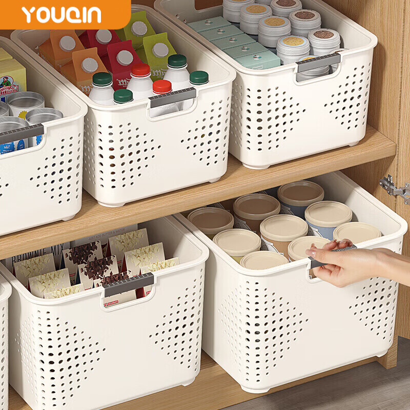 优勤（YOUQIN）桌面收纳盒零食玩具整理盒家用塑料箱厨房储物篮子杂物收纳筐 奶白色-大号【单个装】