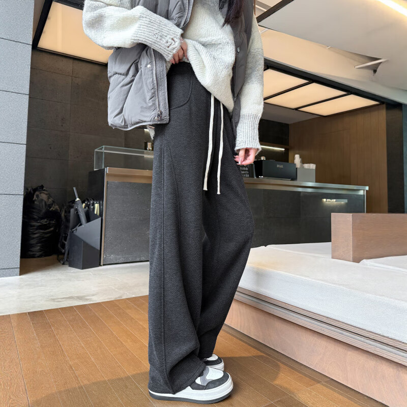 虎迹羊毛人字纹毛呢阔腿裤女2025新款秋冬直筒裤小个子弯刀香蕉运动裤 羊羔绒-深灰- 常规 L 【111-125斤】