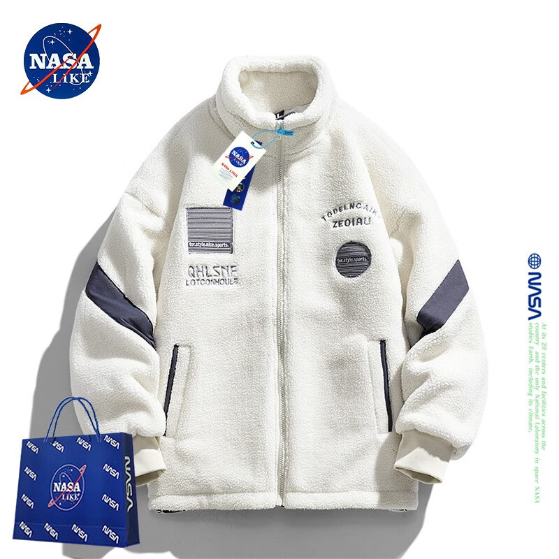 NASA LIKE官方潮牌棉服冬季羊羔绒厚外套抽绳设计摇粒绒情侣保暖羊羔毛棉衣 米白色 L（建议120-140斤）
