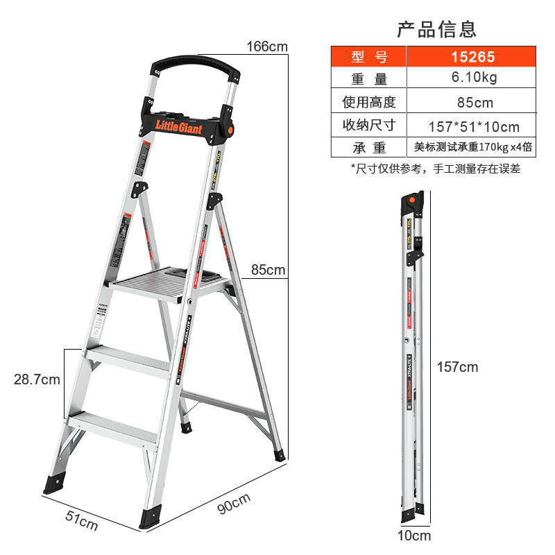 雷都捷特（LittleGiant）小巨人梯子家用人字梯加厚鋁合金折疊梯三步平臺扶手梯 15265