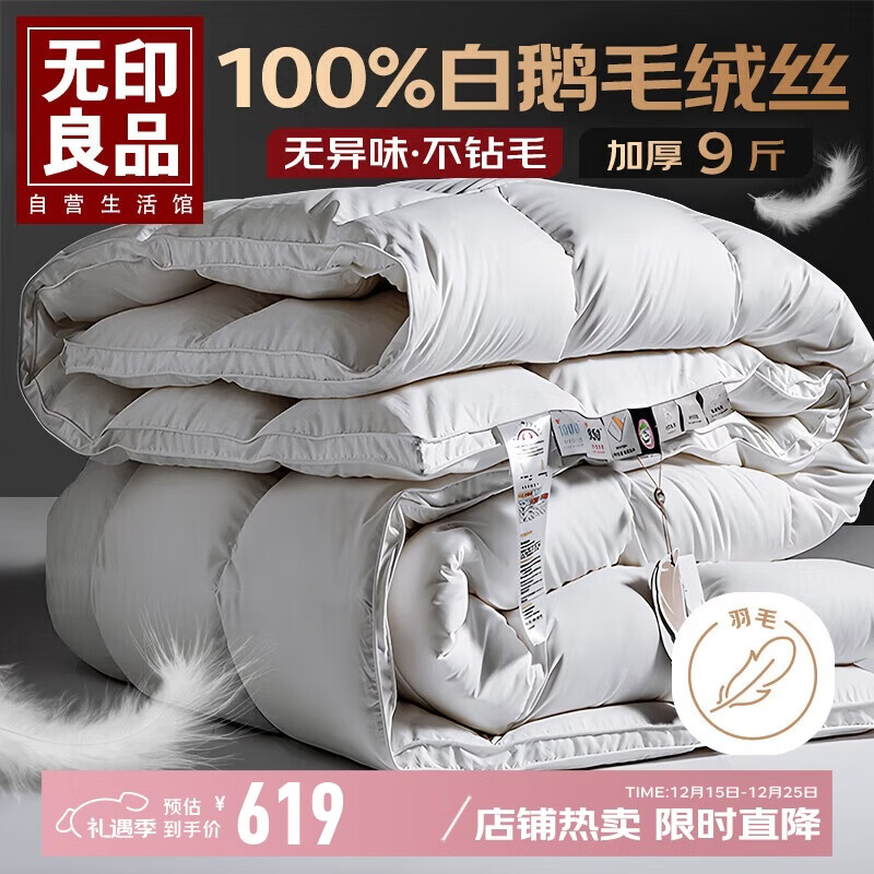 无印良品100%白鹅毛 洁净羽毛绒丝被子冬被芯约9斤【填充3kg】220*240cm