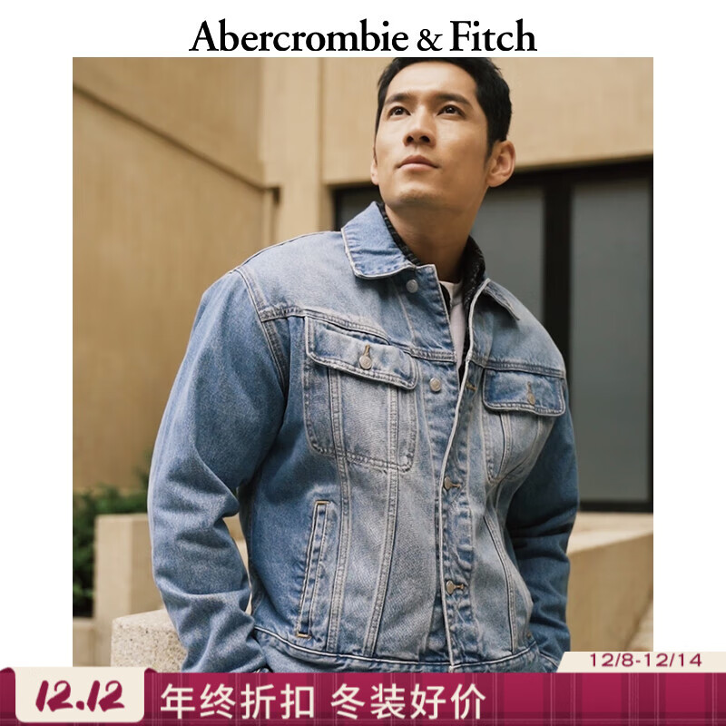 Abercrombie &amp; Fitch男装春秋美式舒适百搭经典巴恩风美式复古牛仔夹克外套 蓝色水洗 S (175/92A)