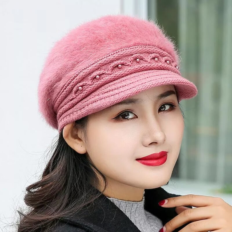 欧曼玫【现发】帽子女冬天加绒保暖护耳鸭舌针织帽贝雷帽兔毛帽加厚毛线 豆沙色