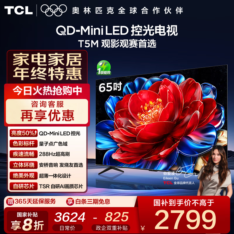 TCL电视  65T5M 65英寸 QD-Mini LED控光 288Hz高刷 QLED量子点 WiFi6 超薄 65英寸 标准版【标配底座】