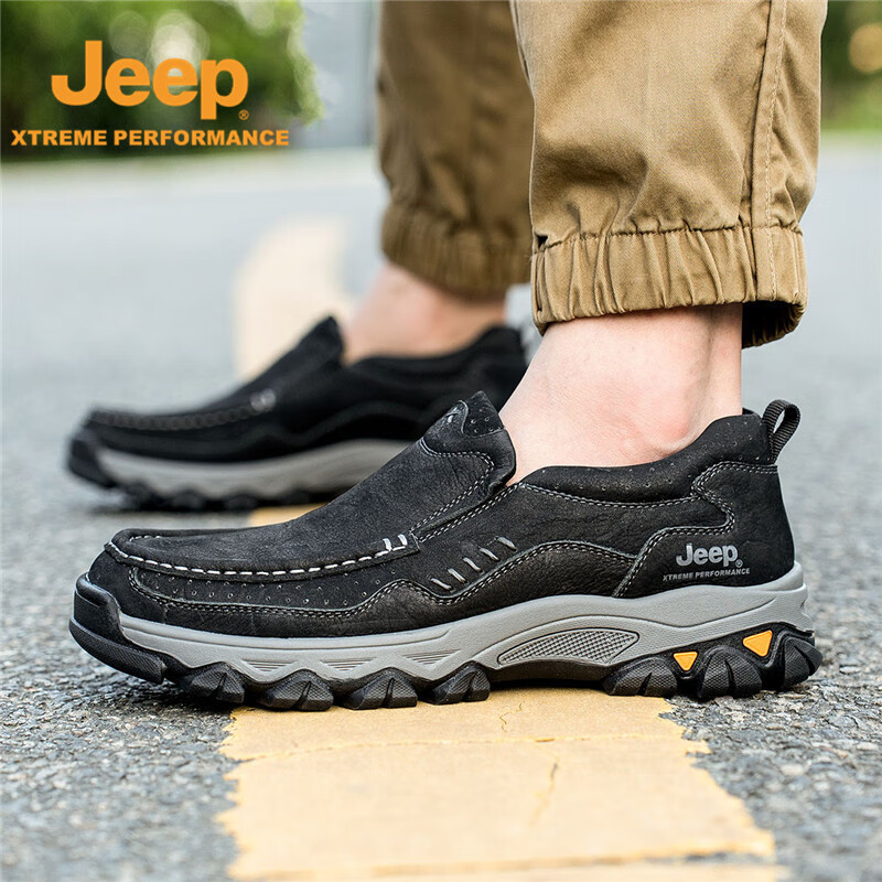 JEEP吉普秋冬男士一脚蹬大码中老年户外软底老人防滑透气爸爸鞋 黑色 41 (255mm) 皮鞋码数