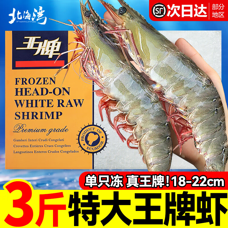 北海湾 王牌生鲜大虾 鲜活盐冻厄瓜多尔白虾原装进口南美大虾基围虾净重 16-18cm【大号虾】 3斤(净重) 