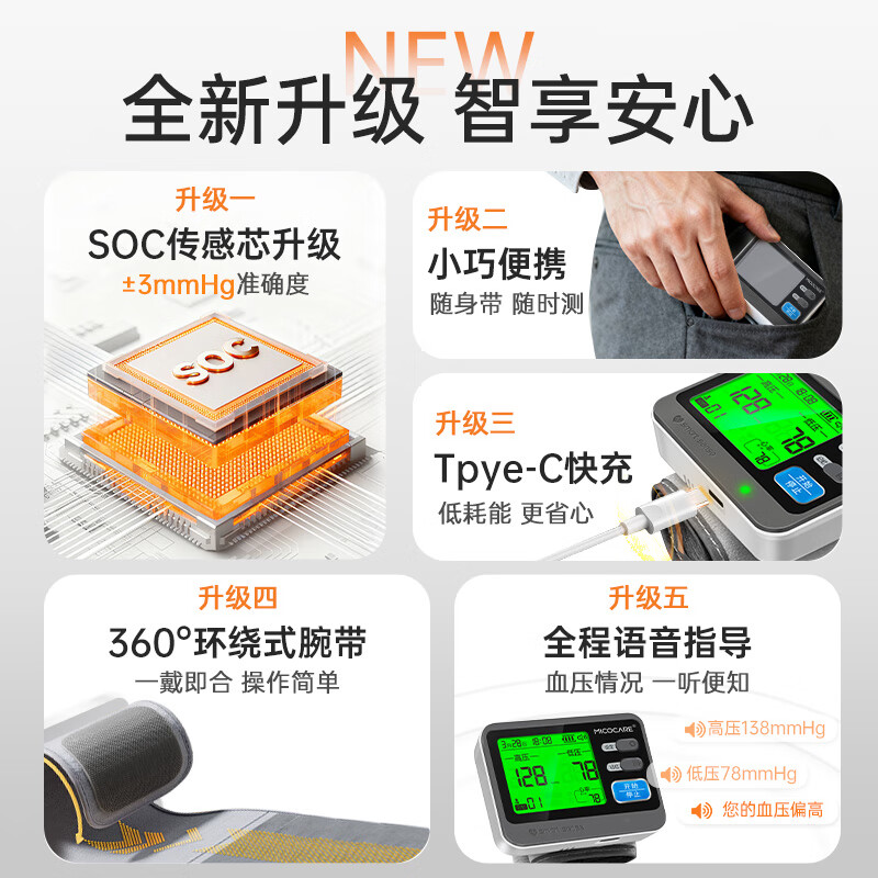 迈克凯尔手腕式电子血压计家用测量仪医用高精准测血压仪器医院专用 【医用级标准】高精准芯片+充电语音+360°腕带