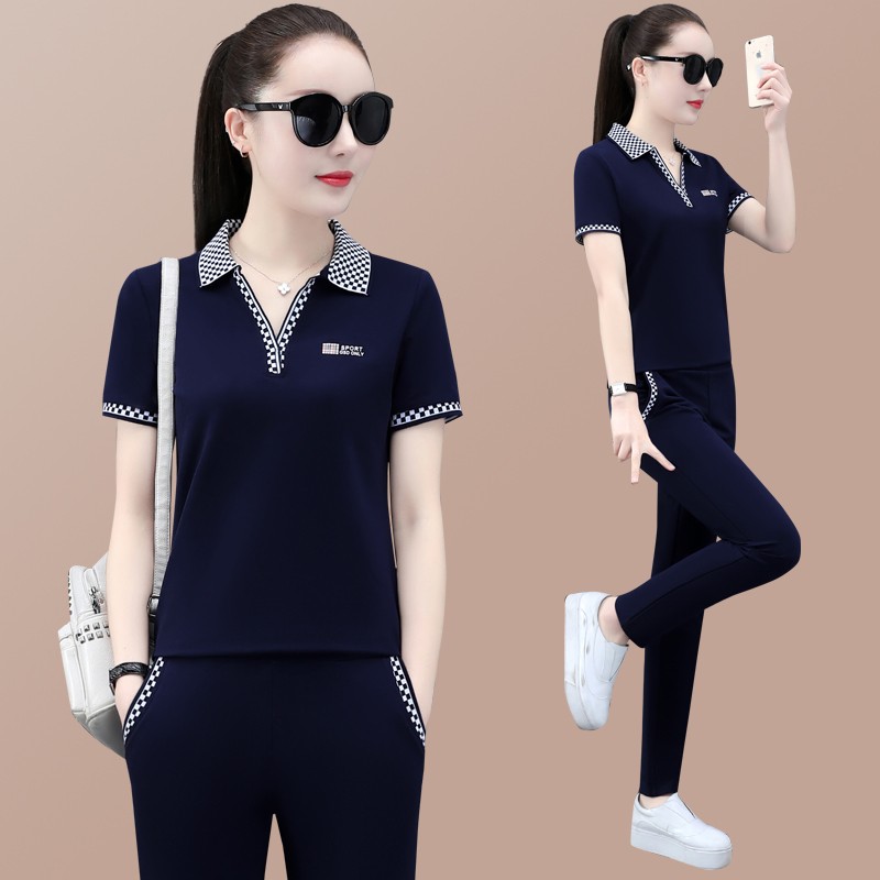 宝多芬 品牌夏季女士运动服休闲套装时尚女翻领短袖长裤两件套运动