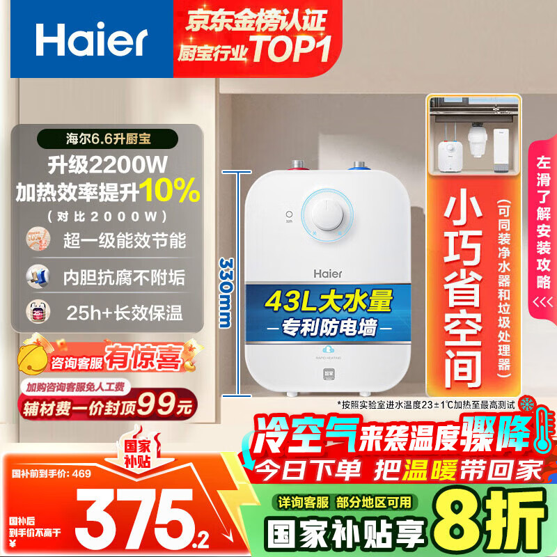 海尔（Haier）国家补贴20%小厨宝电热水器6.6升 EC6.6FA 一级能效京东自营 2200W速热 家用厨房小型储水式热水宝