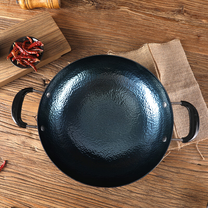 谭铁匠正宗山东章丘老式手工双耳大铁锅不易粘家用炒菜锅熟铁炒锅无涂层 双耳镜面铁锅【已开锅】4-9人适用 38cm