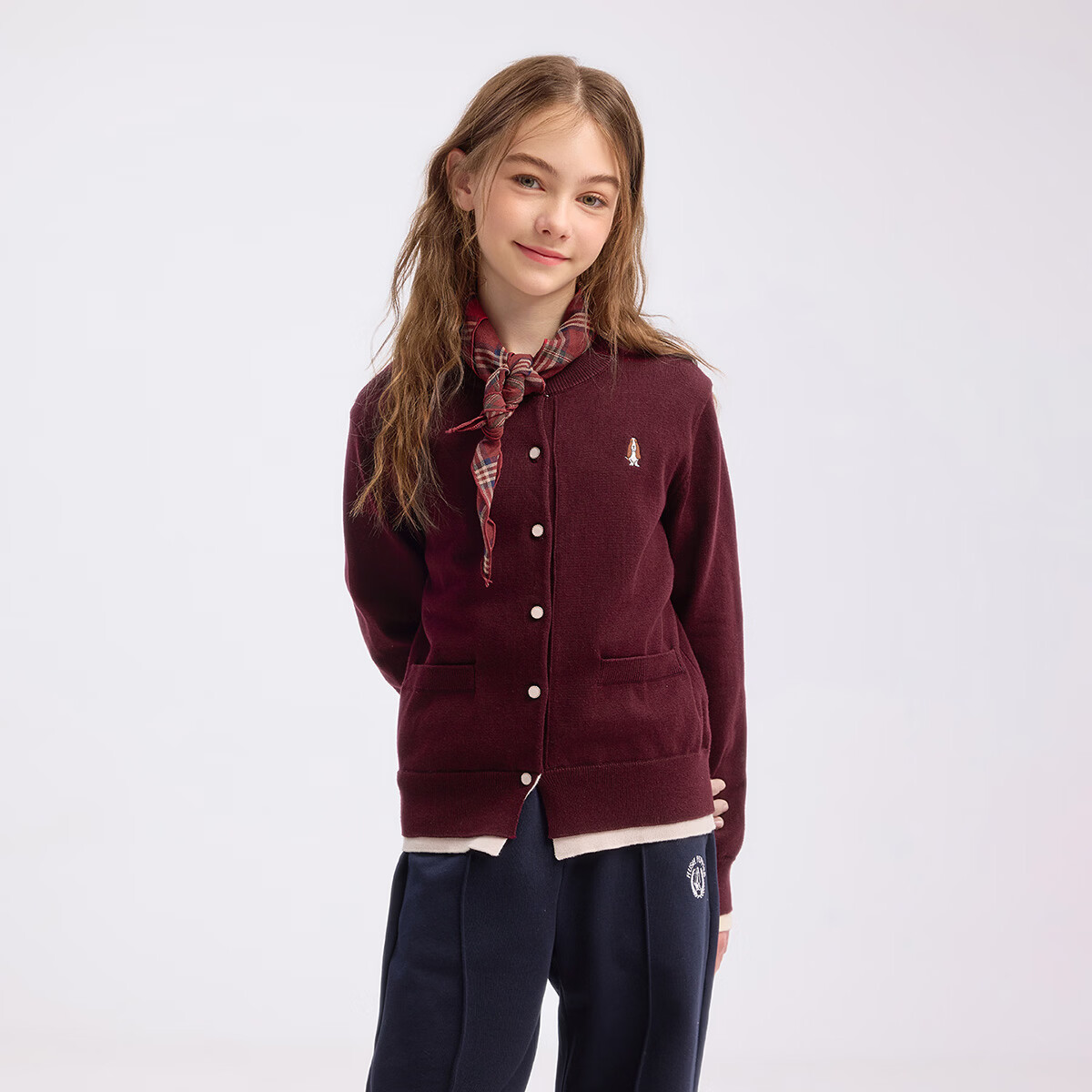 暇步士(Hush Puppies)【学院风】童装儿童女大童2025秋季新款简约舒适百搭假两件针织衫 波尔多红 170 cm