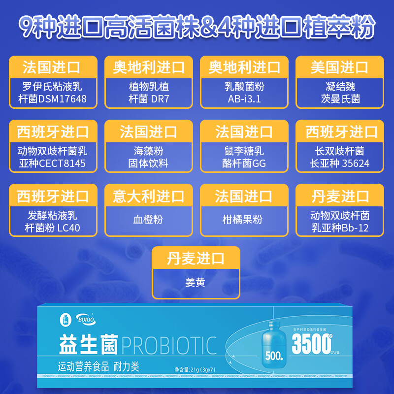 BUIQO小蓝瓶益生菌肠胃排宿儿童成人肠道进口成分即食益生菌 3g*7瓶 【五盒装】