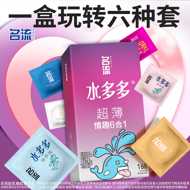 名流避孕套超薄003玻尿酸润滑安全套男女用光面裸入感避育用套套子byt 【共16只】水多多情趣6合1