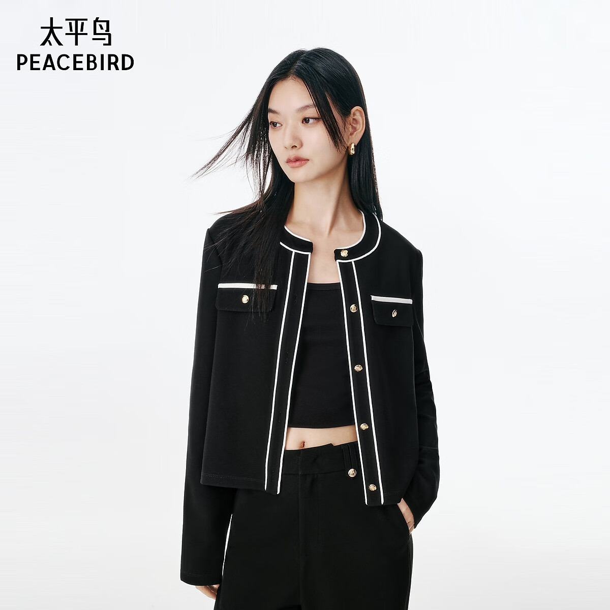 太平鸟女装外套圆领肌理感小香风上衣秋季优雅开衫 黑色上衣 L