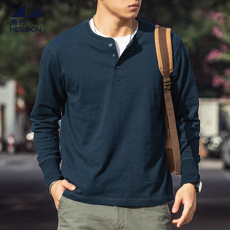 海行户外美式复古亨利衫长袖t恤男2025春季纯棉侧身无缝亨利领打底衫 静谧蓝 牛仔蓝 M (参考125-140斤)