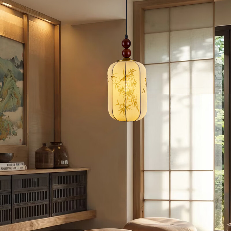 宋代美学小吊灯茶室卧室床头玄关新中式灯笼吊线灯具中山餐厅灯 竹报平安-全光谱三色变光 三珠品【长45cm】