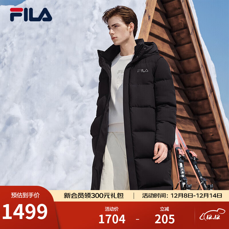 FILA 斐乐官方情侣款长款羽绒服2025冬新款防泼水防污渍RGB多彩羽绒 正黑色-BK S 165/88A/S