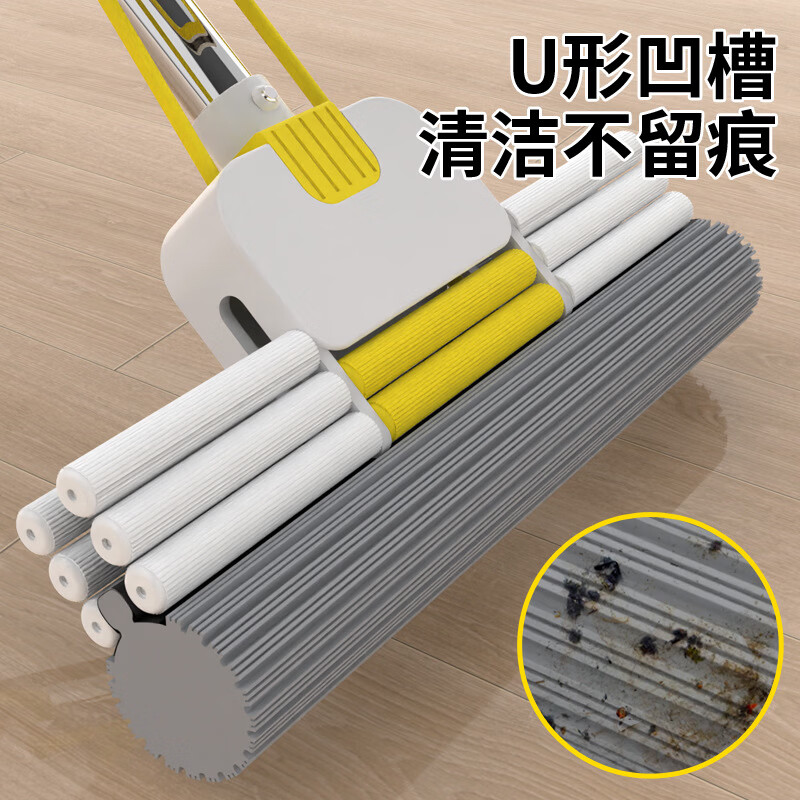 胖东来同款加大海绵拖把大号三排轮胶棉挤水滚轮吸水免手洗耐用结 款44CM二排轮拖把【共2个棉头】蓝色